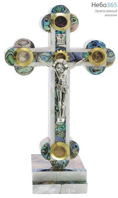  Крест деревянный Иерусалимский из оливы, с перламутром, с металлическим распятием, с 5 вставками, высотой 22 см, фото 1 
