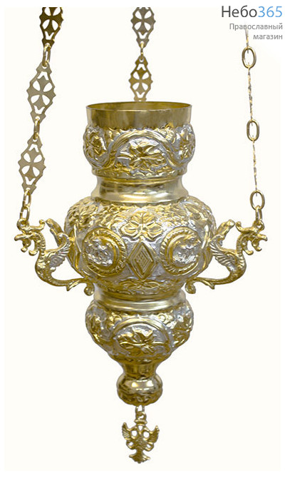  Лампада подвесная латунная № 6, двухцветная,с позолотой и посеребрением., чеканка, литье,с ангелами, 1746, фото 1 