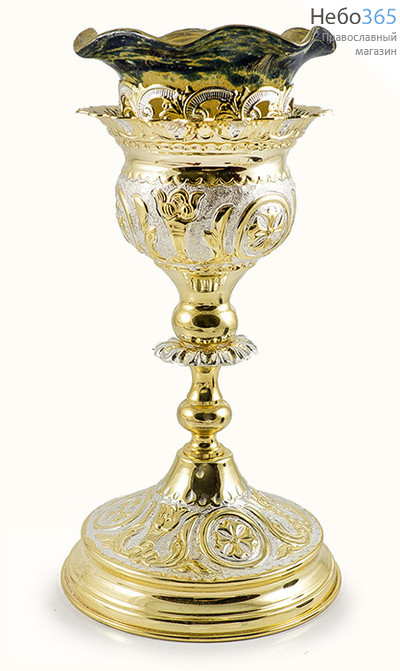  Лампада напрестольная латунная с чеканкой, с позолотой и посеребрением, со стаканом ручной работы, высотой 24,5 см, фото 1 