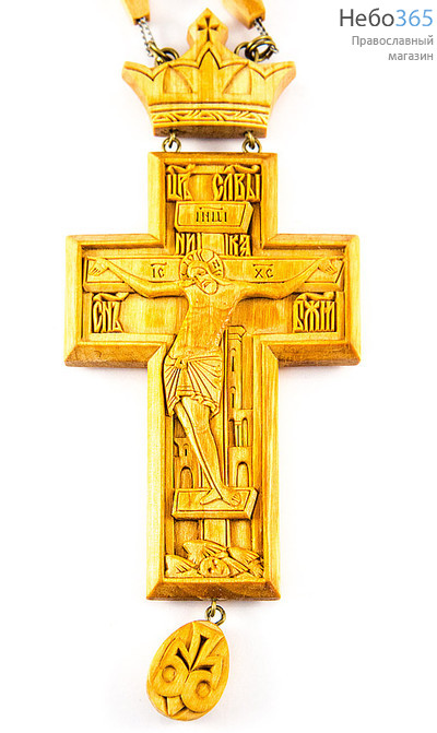  Крест наперсный протоиерейский деревянный четырехконечный, из ольхи, со сложной объёмной ручной резьбой, на деревянной цепочке, высотой 10,5 см, фото 1 