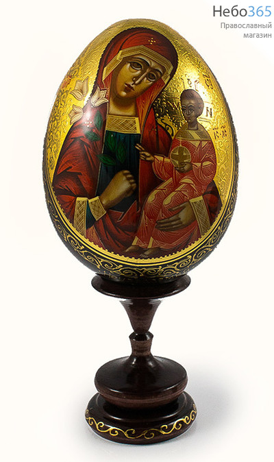  Яйцо пасхальное деревянное с писаной иконой Божией Матери Неувядаемый Цвет высотой 14,5 см (без учёта подставки), диаметром 12 см, фото 1 