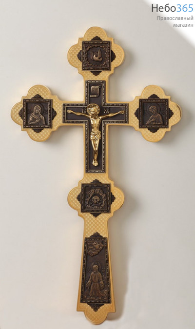  Крест напрестольный №6-17 сложный малый с литыми накладками золочение патинирование, фото 1 