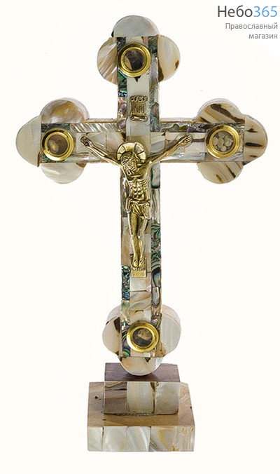  Крест деревянный Иерусалимский из оливы, белый с зеленым кантом перламутр, с металлическим распятием, 4 вставками, на подставке, высотой 21 см, фото 1 