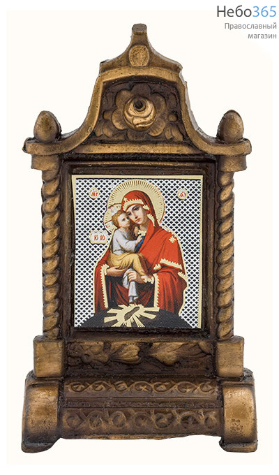  Подсвечник металлический В- 50 и фигура, обмедненный, в ассортименте № 96/ 14  Киот с Почаевской иконой Божией Матери. Высота 8,1 см., фото 1 