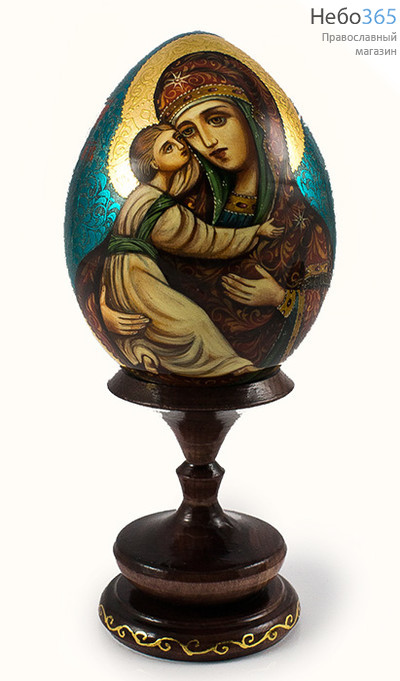  Яйцо пасхальное деревянное с писаной иконой Божией Матери Владимирская высотой 11 - 12 см (без учёта подставки), диаметром 9 см, фото 1 