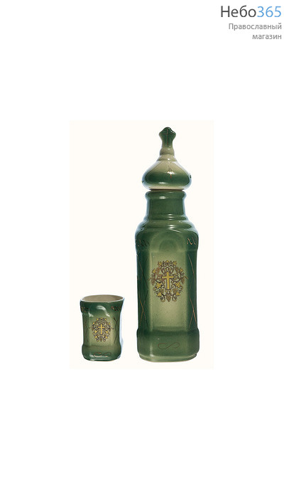  Сосуд керамический для святой воды, "Квадрат", в наборе со стаканом, с цветной глазурью и зол. росписью, высотой 26.5 см, цвета в ассортименте цвет: темно- зеленый, фото 1 
