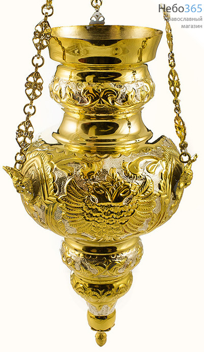  Лампада подвесная латунная 4-х ярусная, "Керкирская",с орлом, позолота и посеребрение, высотой 36 см, фото 1 