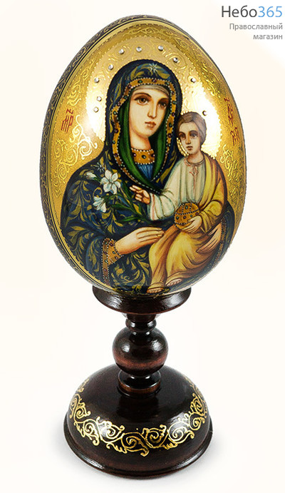  Яйцо пасхальное деревянное с писаной иконой Божией Матери "Неувядаемый Цвет" высотой 13 см (без учёта подставки), диаметром 10 см, фото 1 