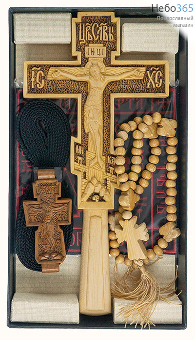  Набор постригальный из резного постригального креста, резного параманного креста и парамана, шнура и кипарисовых четок на 50, фото 1 