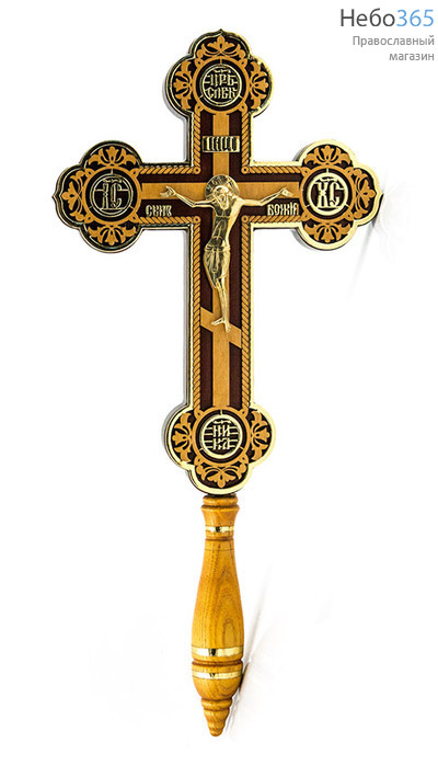  Крест деревянный напрестольный 17105, с бронзовым распятием, резной, с ручкой, с поталью, фото 1 