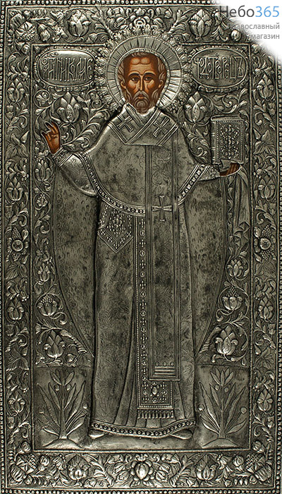  Николай Чудотворец, святитель. Икона писаная (Гн) 31,5х53,5, в посеребренной ризе (№89), фото 1 