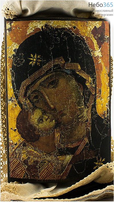  Икона на дереве 13х26см, печать на холсте, объемная, с рушником икона Божией Матери Владимирская, фото 1 
