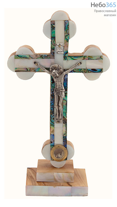  Крест деревянный Иерусалимский из оливы, с металлическим распятием, с перламутром, с 1 вставкой, на подставке, высотой 20.5 см., фото 1 
