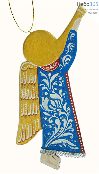  Ангел, фигура деревянный расписной, на подвеске, с трубой, высотой 27,5 см, ручная роспись, фото 2 