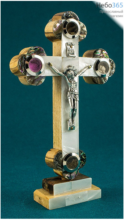  Крест деревянный Иерусалимский из оливы, с белым перламутром, с металлическим распятием, с 4 вставками, на подставке, высотой 15 см., фото 1 