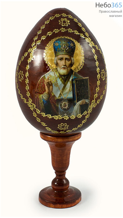  Яйцо пасхальное деревянное на подставке, с иконой,коричневое,большое,с цветной литографией и золотой аппликацией,выс.11,5 см (без учета подст), фото 2 