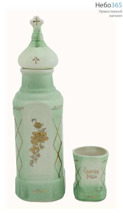  Сосуд керамический для святой воды, "Квадрат", в наборе со стаканом, с цветной глазурью и зол. росписью, высотой 26.5 см, цвета в ассорт., фото 2 