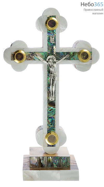  Крест деревянный Иерусалимский из оливы, с полным двухцветным перламутром, с металлическим распятием, с 4 вставками, на подставке, выс.24- 25 см, фото 1 