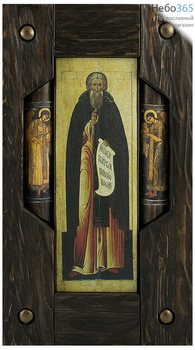  Икона на дереве 11х26 (с рамой 23х38), в деревянной брусковой раме, с предстоящими Сергий Радонежский, преподобный (с предстоящими Архангелами), фото 1 