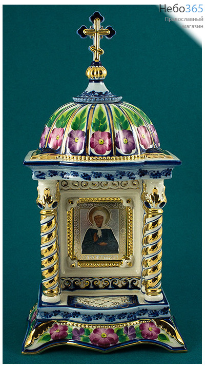  Киот фарфоровый настольный К- 6 Домик-беседка средний , с цветной росписью и золотом с иконой блаженной Матроны Московской, фото 1 