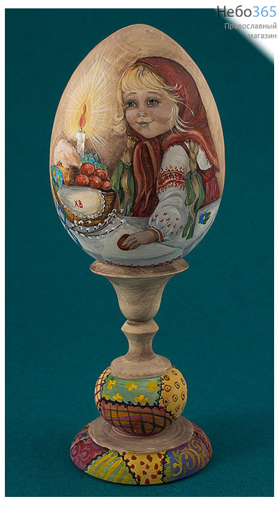  Яйцо пасхальное деревянное с авторской акриловой росписью Лубочные картинки , на подставке, в ассортименте, высотой 12 см Девочка в красном платке, с зелеными лентами в косичках, за пасхальным столом., фото 1 
