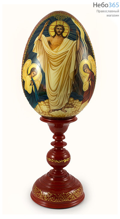  Яйцо пасхальное деревянное с писаной иконой Воскресение Христово , на подставке, красное, с золотым ажуром, высотой 25 см (без учёта подставки), фото 1 