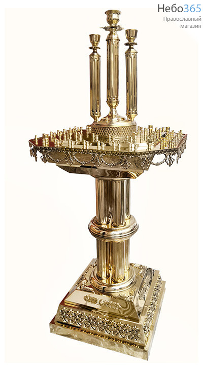  Подсвечник храмовый латунный на 100 свечей, с прямоугольной крышкой, на 4-х ножках, с 3-мя лампадами, с литыми элементами (), фото 1 