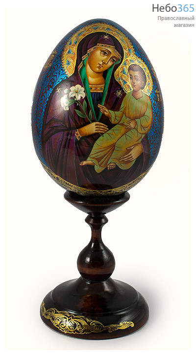  Яйцо пасхальное деревянное с писаной иконой Божией Матери Неувядаемый Цвет темно-коричневое, на подставке, высотой 16 см, фото 1 