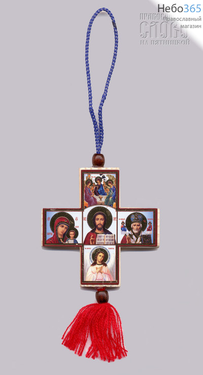  Крест деревянный (Нк) 7х7, пять икон, подвесной, на присоске (уп.10 шт.), фото 1 