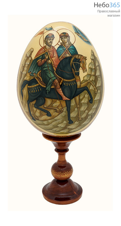  Яйцо пасхальное деревянное с писаной иконой Бориса и Глеба, на подставке, высотой 17 см ., фото 1 