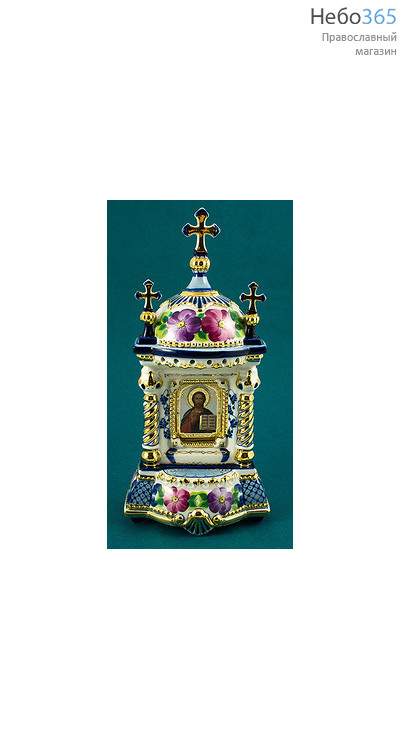  Киот фарфоровый настольный К- 7 "Домик" малый шатровый , с цветной росписью и золотом (для иконы "Г" средней миниатюрной) с иконой Господь Вседержитель, фото 1 