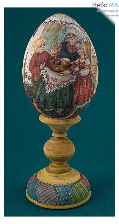  Яйцо пасхальное деревянное с авторской акриловой росписью "Лубочные картинки" , на подставке, в ассортименте, высотой 12 см (без учёта подставки), фото 1 