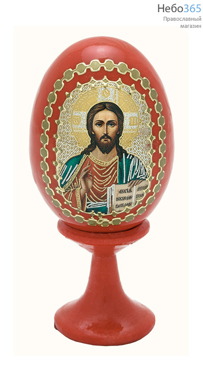  Яйцо пасхальное деревянное на подставке, с иконой, красное, миниатюрное, с цветной литографией и золотой аппликацией, выс. 5 см с иконами Спасителя, в ассортименте, фото 1 