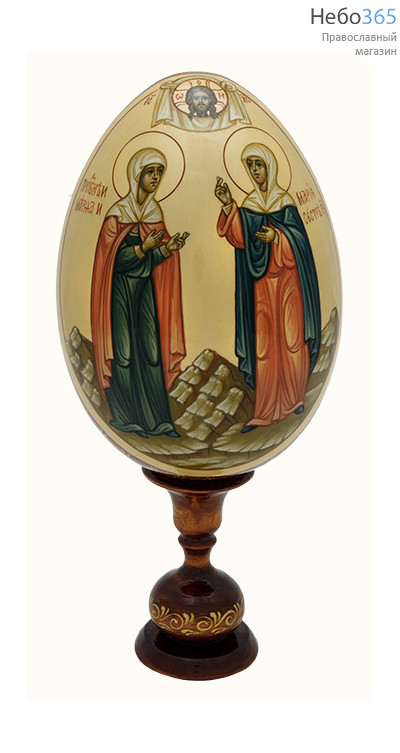  Яйцо пасхальное деревянное с писаной иконой Марфы и Марии, на подставке, высотой 17 см, фото 1 
