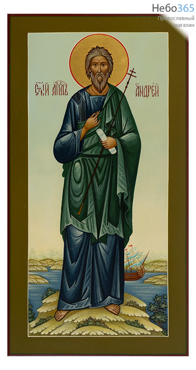  Андрей Первозванный, апостол. Икона писаная 13х25х2 см, цветной фон, золотой нимб, без ковчега (Шун), фото 1 