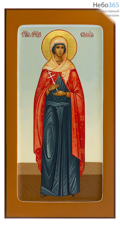  София, мученица. Икона писаная 13х25х2 см, цветной фон, золотой нимб, с ковчегом (Шун), фото 1 