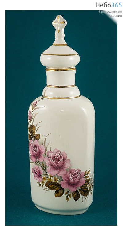  Сосуд керамический для святой воды, Плоский, с белой глазурью и деколью Розовые розы, с золотом, 7890, фото 1 
