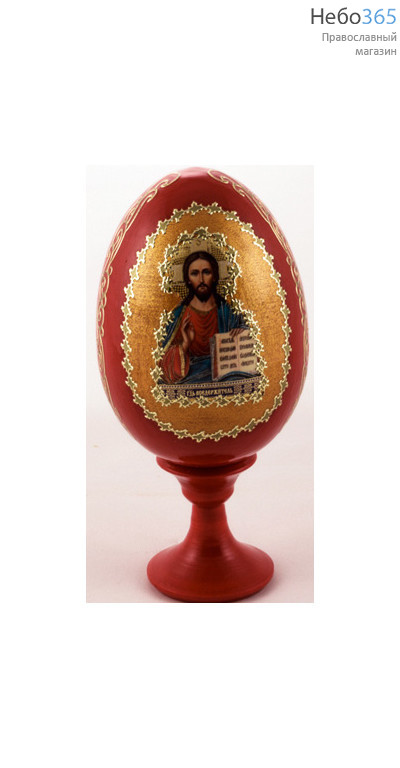  Яйцо пасхальное деревянное на подставке, с иконой, красное, среднее, с цветной литографией и золотой аппликацией, высотой 9 см с иконами Спасителя, в ассортименте, фото 1 