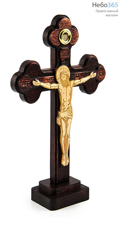  Крест деревянный с плоским деревянным распятием, с 1 вставкой (земля освящена на Гробе Господнем), на подставке, высотой 16 с, фото 2 