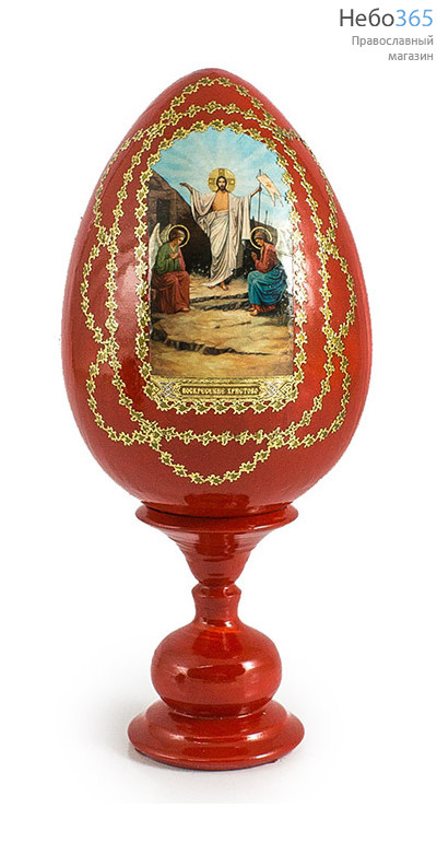  Яйцо пасхальное деревянное на подставке, с иконой, красное, среднее, с золотой отделкой, высотой 14см с иконой Воскресения Христова, фото 1 