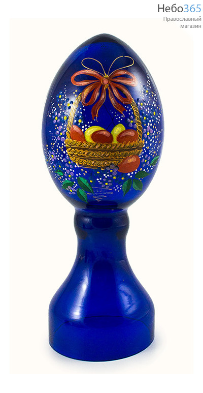  Яйцо пасхальное стеклянное Светлая Пасха, на цельной подставке, из окрашенного стекла, с ручной росписью, высотой 22 см, разных цветов, 1608 синее, фото 1 