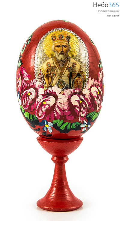  Яйцо пасхальное деревянное на подставке, с иконой, красное, с цветной литографией и ручной росписью Цветы, высотой 7,5 см с иконами Святых,в ассортименте, фото 1 