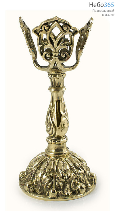  Лампада-подлампадник напрестольная латунная без стакана, литая, с растительным орнаментом, высотой 19 см, фото 1 