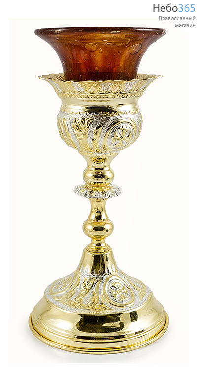  Лампада напрестольная латунная с чеканкой, с позолотой и посеребрением, со стаканом ручной работы, высотой 21,5 см, фото 1 