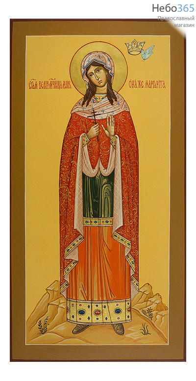  Марина, великомученица. Икона писаная 13х25х2, цветной фон, золотой нимб, без ковчега, фото 1 