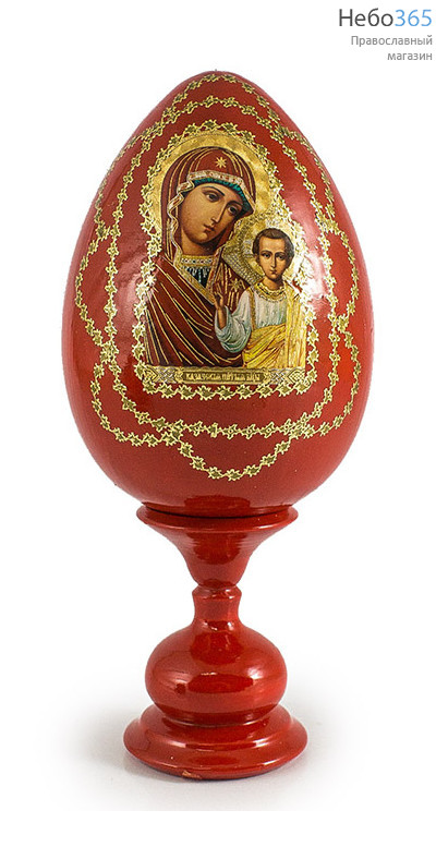  Яйцо пасхальное деревянное на подставке, с иконой, красное, среднее, с золотой отделкой, высотой 14см с иконой Божией Матери Казанская, фото 1 