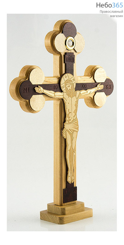  Крест деревянный с плоским деревянным распятием, с одной вставкой (земля из Иерусалима), на подставке, высотой 28 с, фото 4 