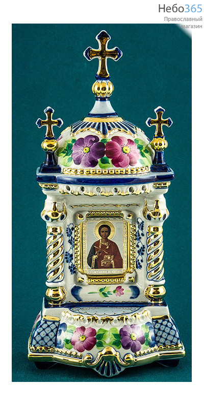  Киот фарфоровый настольный К- 7 Домик малый шатровый , с цветной росписью и золотом с иконой Святого великомученика Пантелеимона, фото 1 
