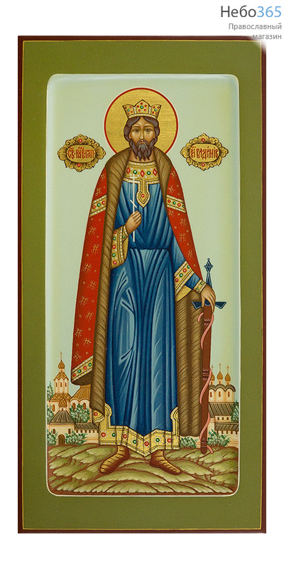  Владимир, равноапостольный князь. Икона писаная 13х25х2 см, цветной фон, золотой нимб, с ковчегом (Шун), фото 1 