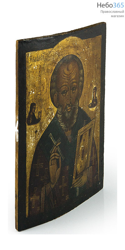  Икона писаная 22х26,5, святитель Николай Чудотворец, писаная на серебре, щепа, 19 век, фото 2 